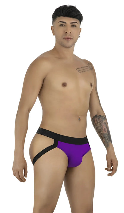 Purple and black CandyMan 99925 jockstrap briefs with a bold modern design in color orchid