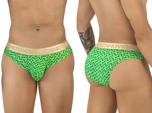CandyMan 99926 briefs in bright green and blue pattern with gold waistband for comfortable everyday wear