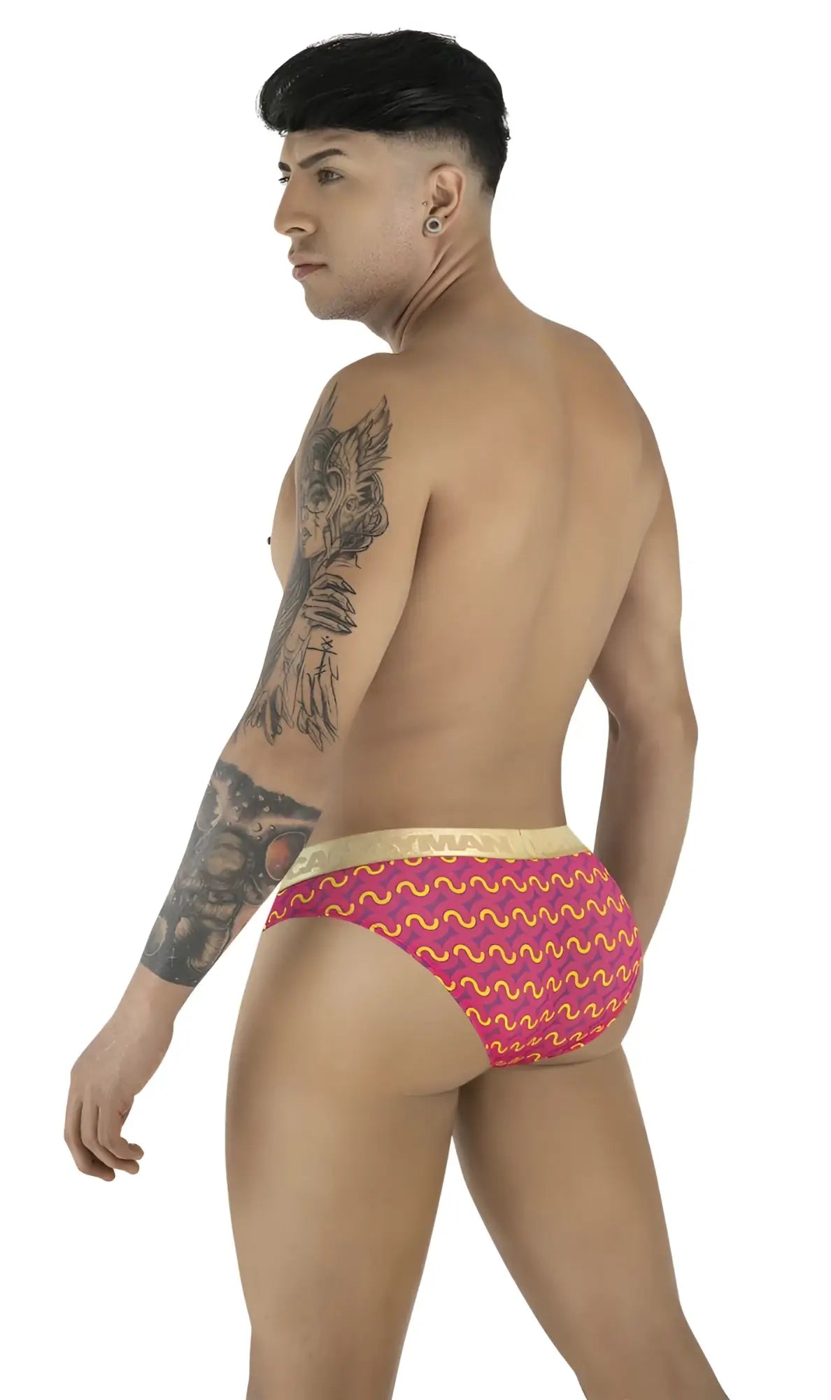 CandyMan 99926 briefs in vibrant pink with bold yellow wavy pattern and beige waistband for comfortable wear