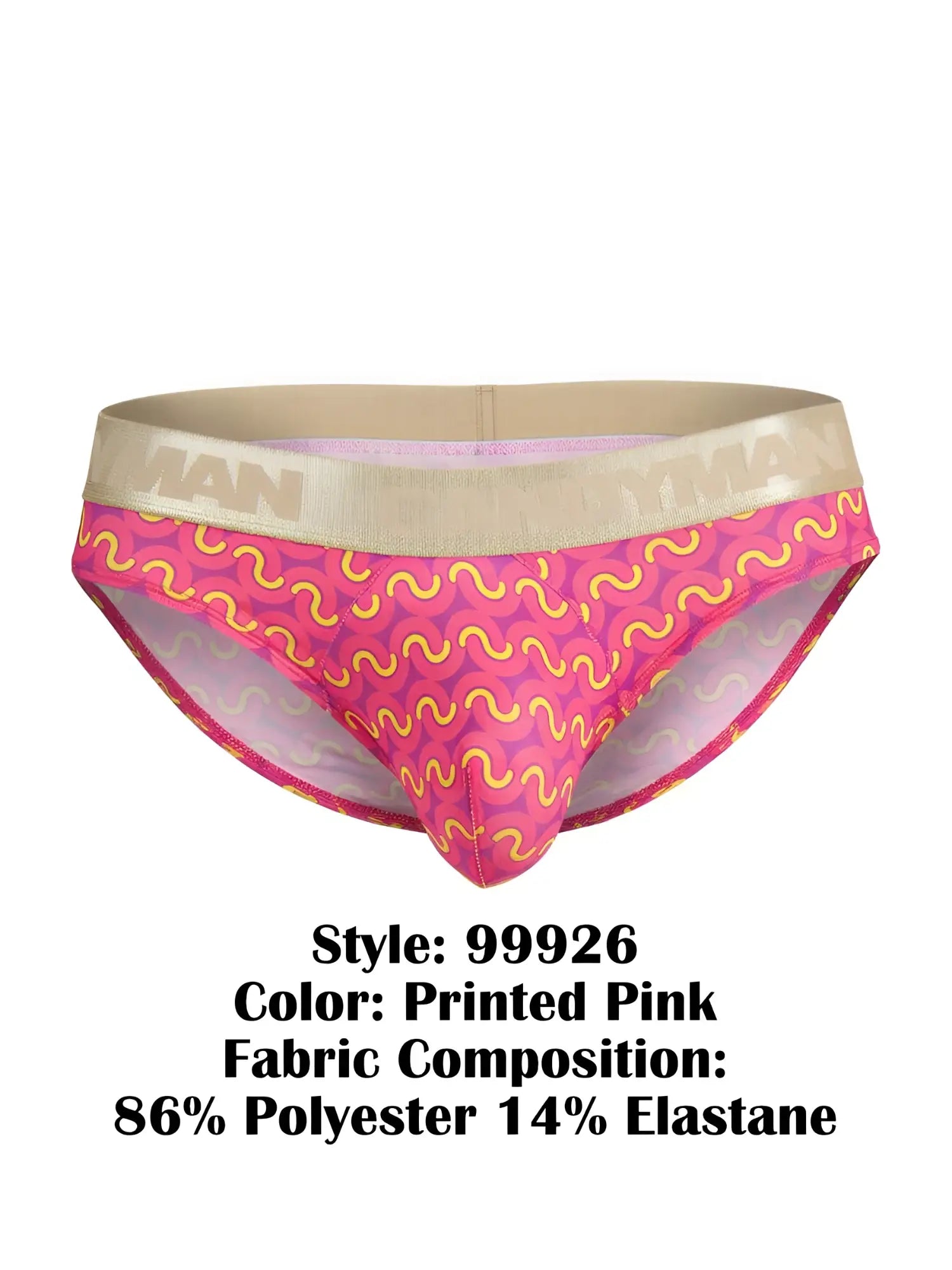 Printed pink CandyMan 99926 briefs with a vibrant wavy yellow pattern and beige elastic waistband for comfortable wear