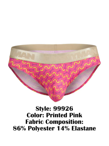 Printed pink CandyMan 99926 briefs with a vibrant wavy yellow pattern and beige elastic waistband for comfortable wear