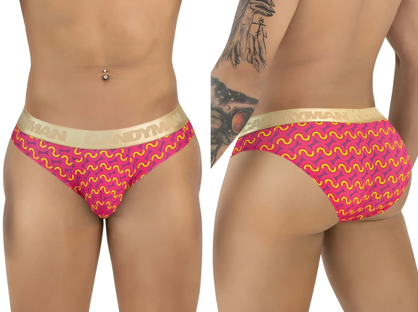 CandyMan 99926 briefs vibrant pink and yellow wavy pattern with gold elastic waistband featuring Bandyman brand name