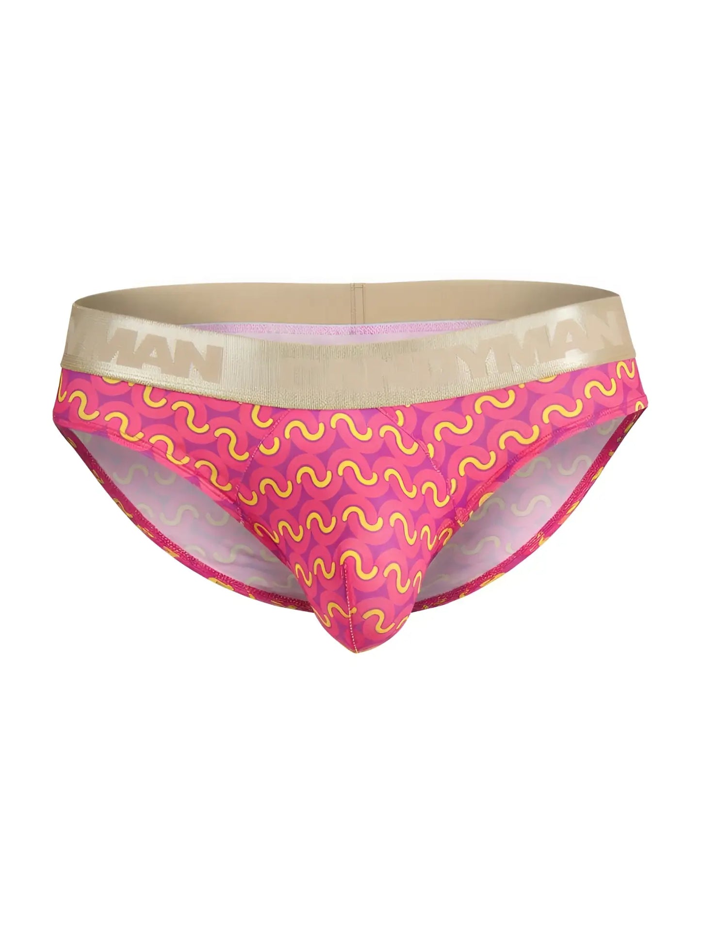 CandyMan 99926 briefs in pink with yellow wavy pattern and beige elastic waistband featuring man brand name in gold lettering