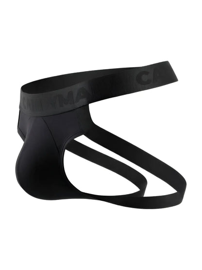 Black candyMan 99929 jockstrap briefs with contoured design and elastic waistband featuring canxma branding