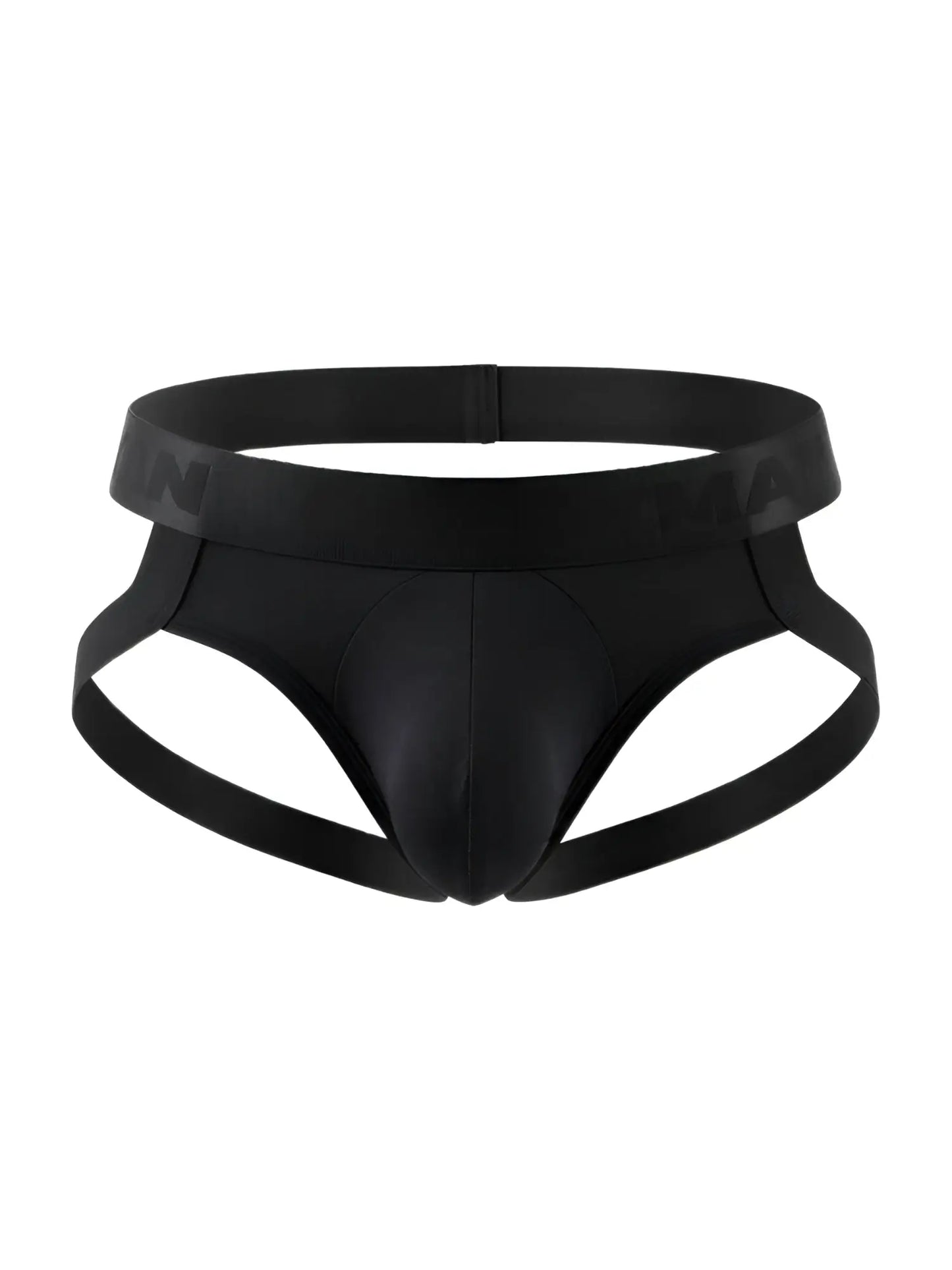 Black sleek form-fitting CandyMan 99929 jockstrap briefs with smooth satin-like finish for men