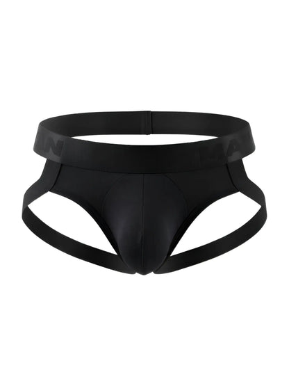 Black sleek form-fitting CandyMan 99929 jockstrap briefs with smooth satin-like finish for men