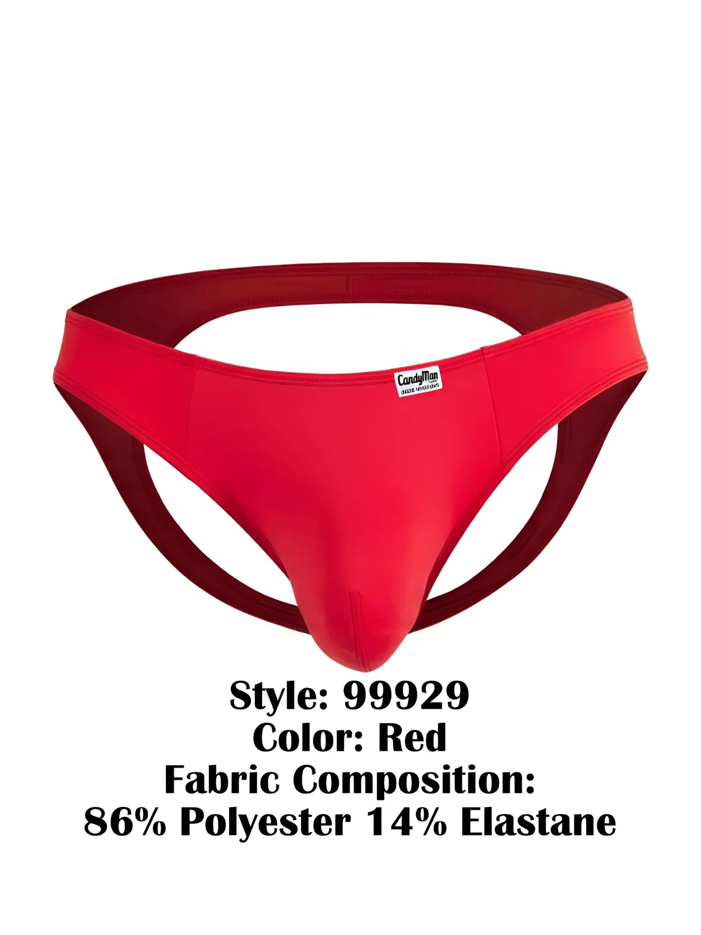 Red candyman 99929 jockstrap thong in red smooth stretchy polyester and elastane fabric showing front view