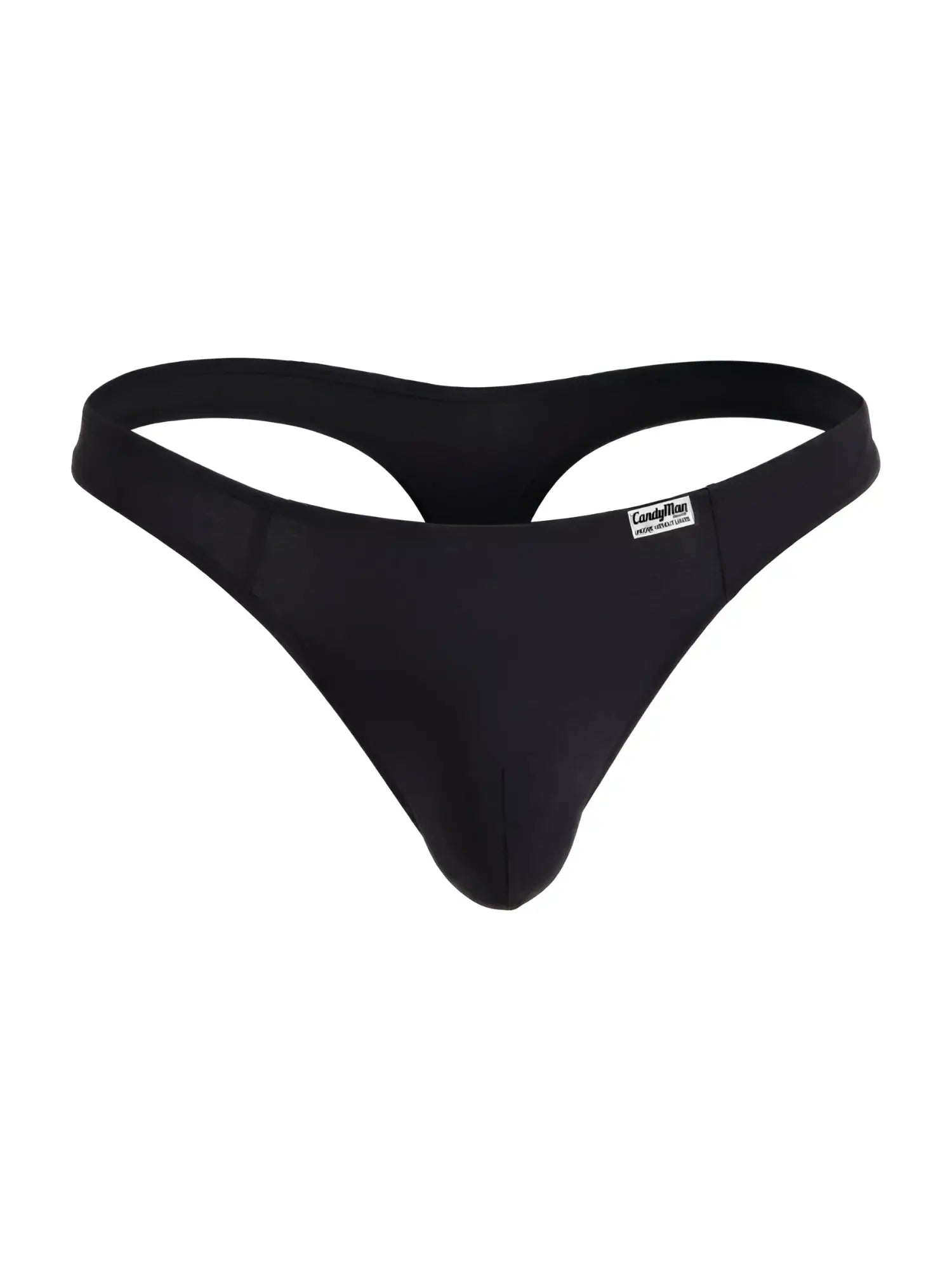 Black seamless thong candyMan 99930 with minimalist design and small brand tag on the waistband front view