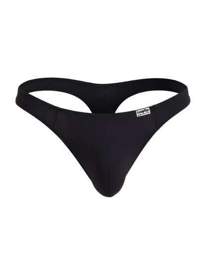Black seamless thong candyMan 99930 with minimalist design and small brand tag on the waistband front view