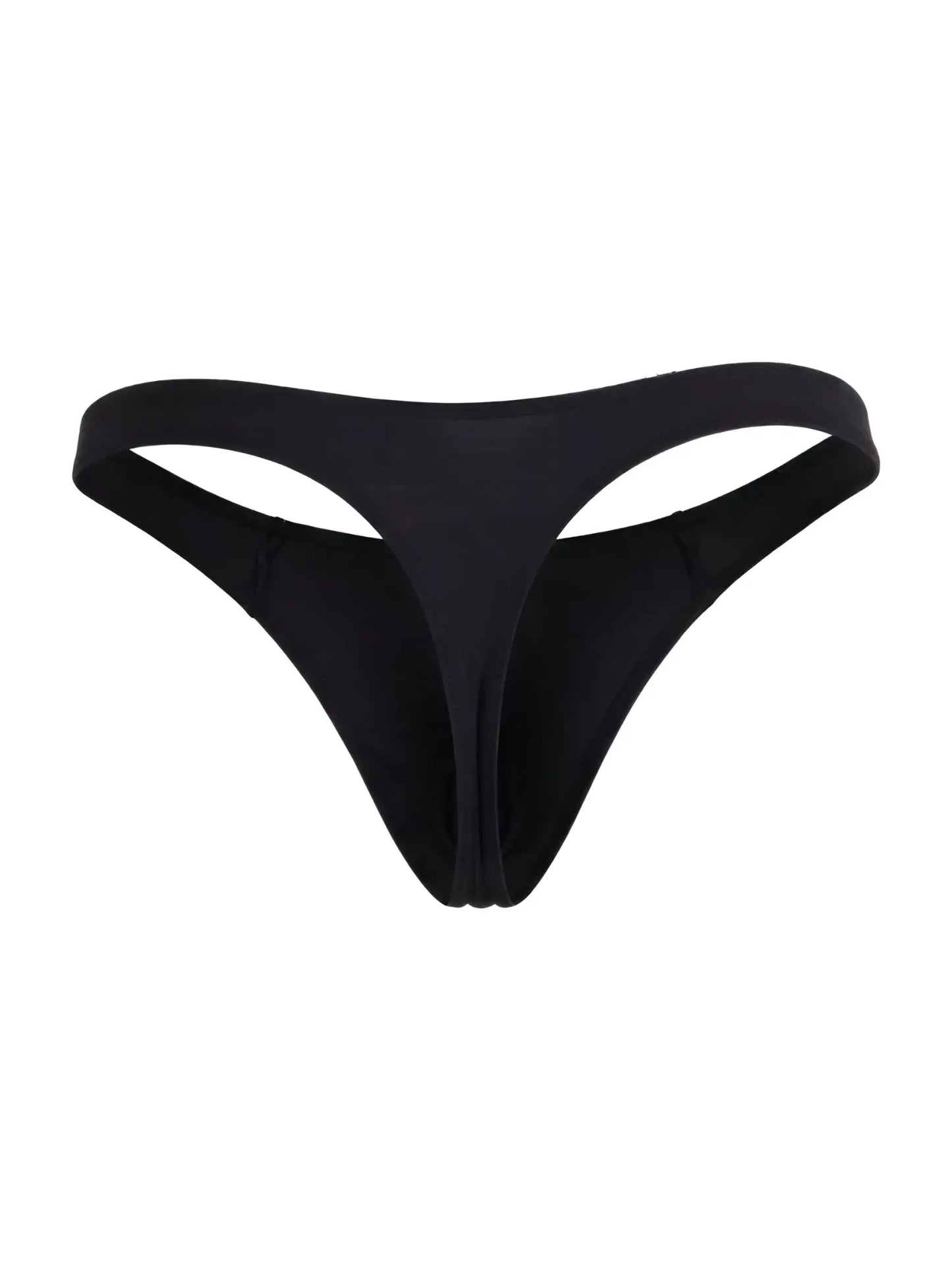Black thong bikini bottom by candyman 99930 with smooth stretchy fabric and minimalistic design shown from the back
