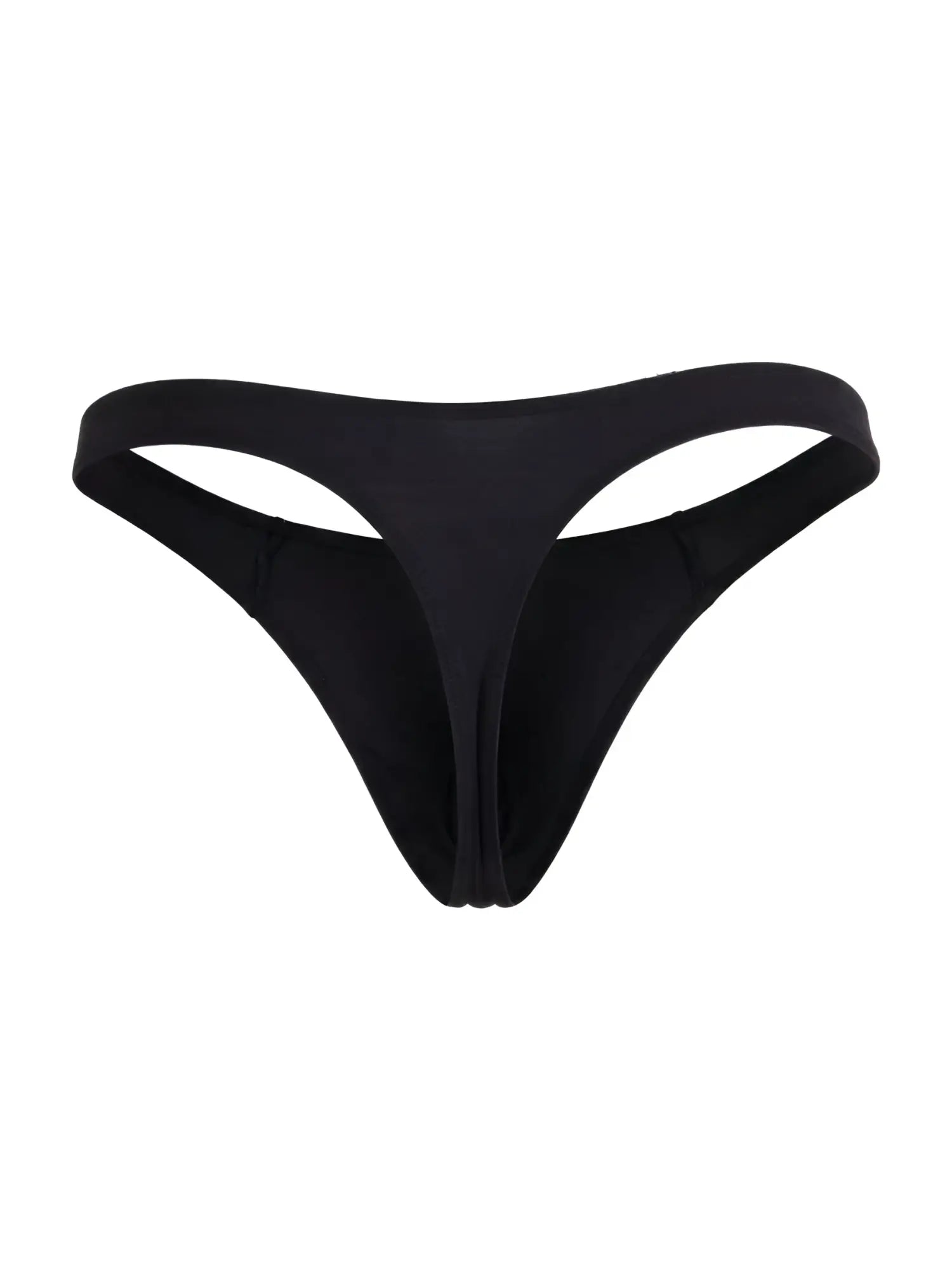 Black thong bikini bottom by candyman 99930 with smooth stretchy fabric and minimalistic design shown from the back