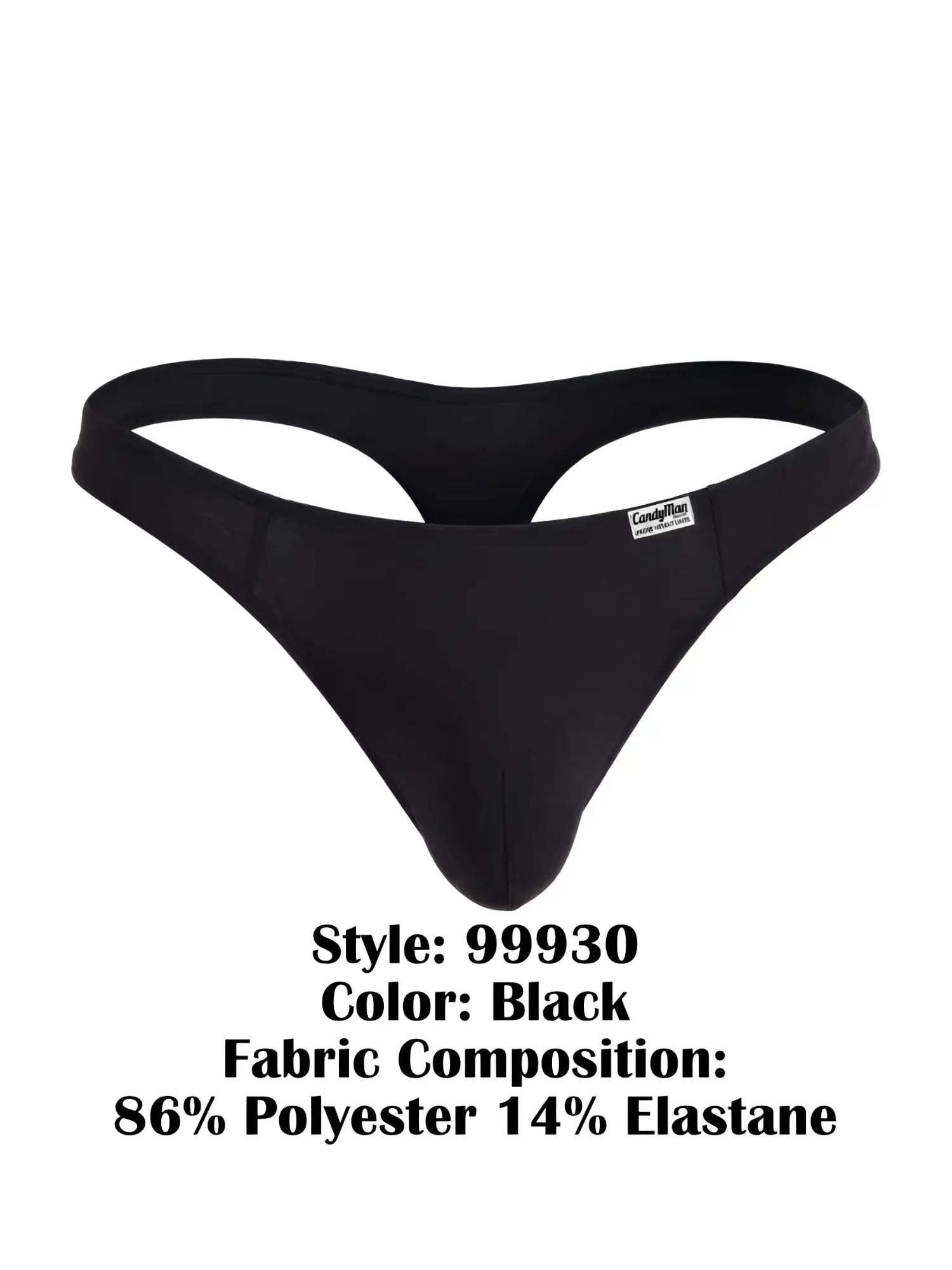 Black candyMan 99930 thong made of 86% polyester 14% elastane with sleek form fitting design and brand tag on waistband