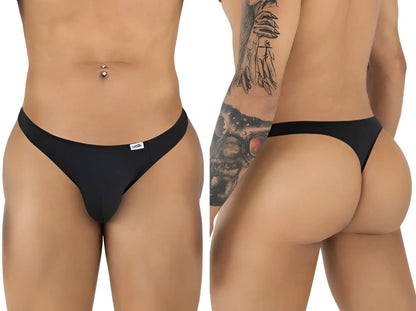 Black thong with a small white brand tag on the waistband from candyman 99930 thongs collection