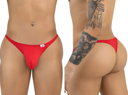 Red CandyMan 99930 thong featuring a small white label on the waistband in a vibrant red fabric