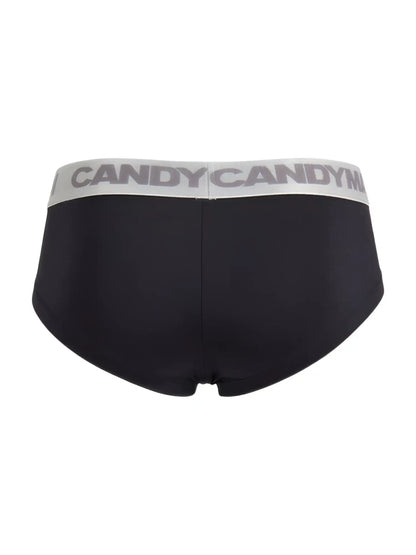Black CandyMan 99932 briefs with a gray waistband featuring the bold repeating candy candym logo