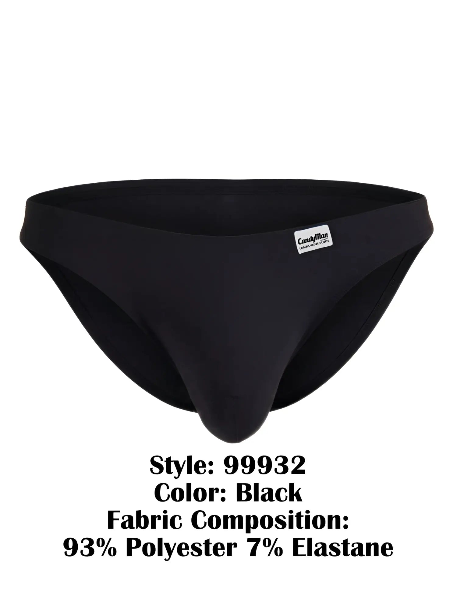 Candidman 99932 black men’s briefs made from a stretchy 93 polyester and 7 elastane blend for comfort