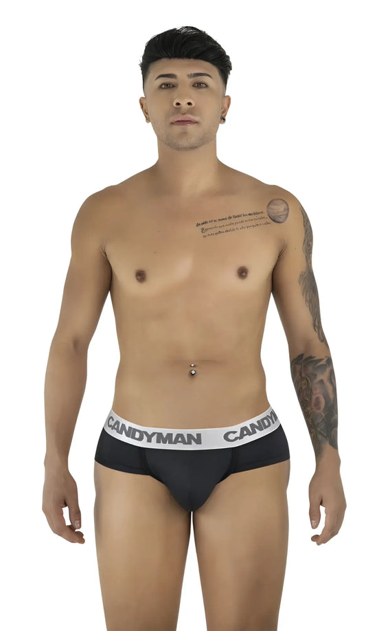 Black candyman 99932 briefs with white waistband featuring bold candyman logo in repeating lettering in black and silver