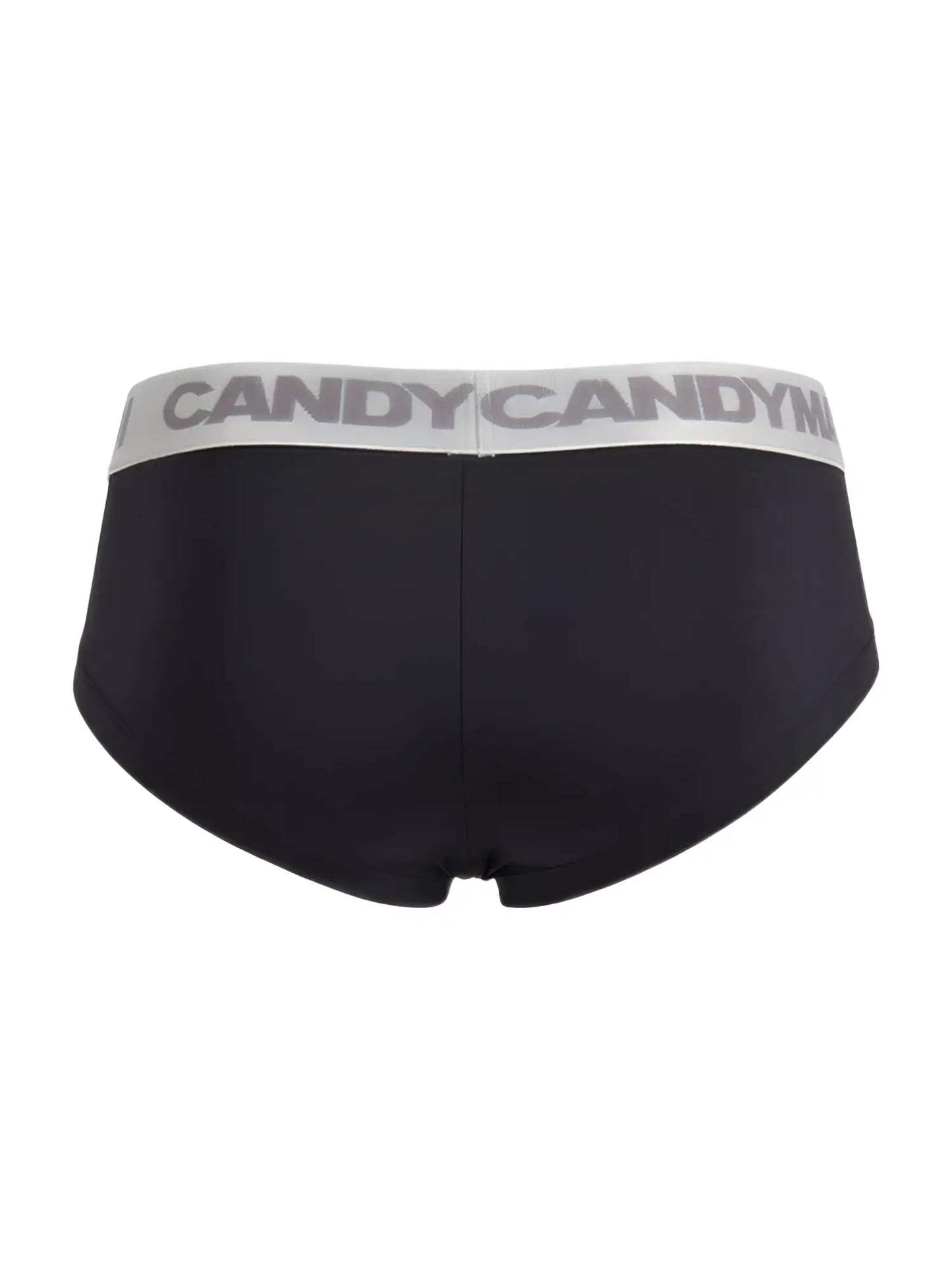 Black CandyMan 99932 briefs with a silver gray waistband featuring bold repeating CandyMan logo for everyday wear