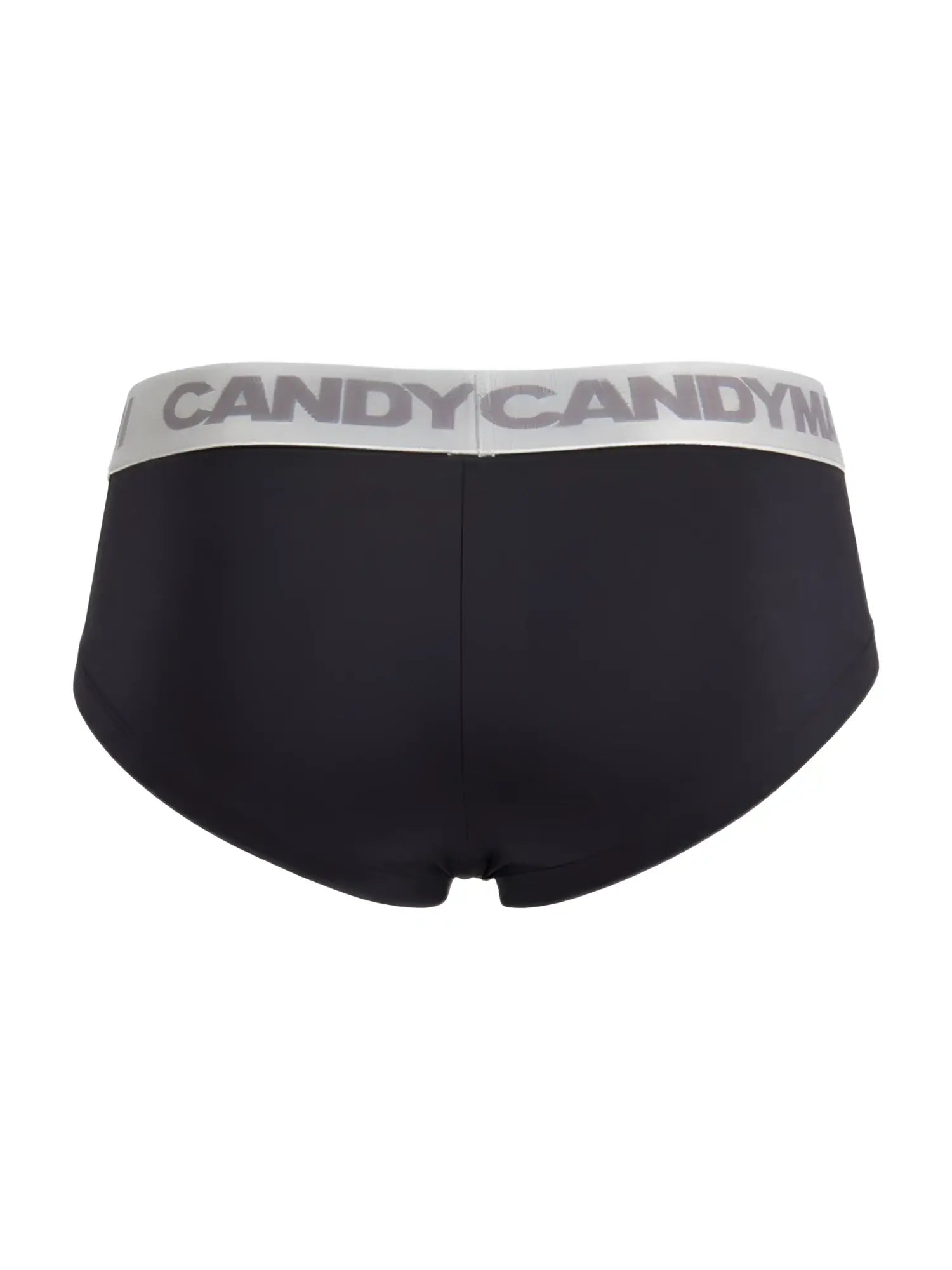 Black CandyMan 99932 briefs with a silver gray waistband featuring bold repeating CandyMan logo for everyday wear