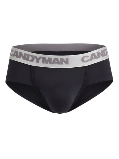 Black candyman 99932 briefs with gray white waistband featuring bold brand name in silver color design