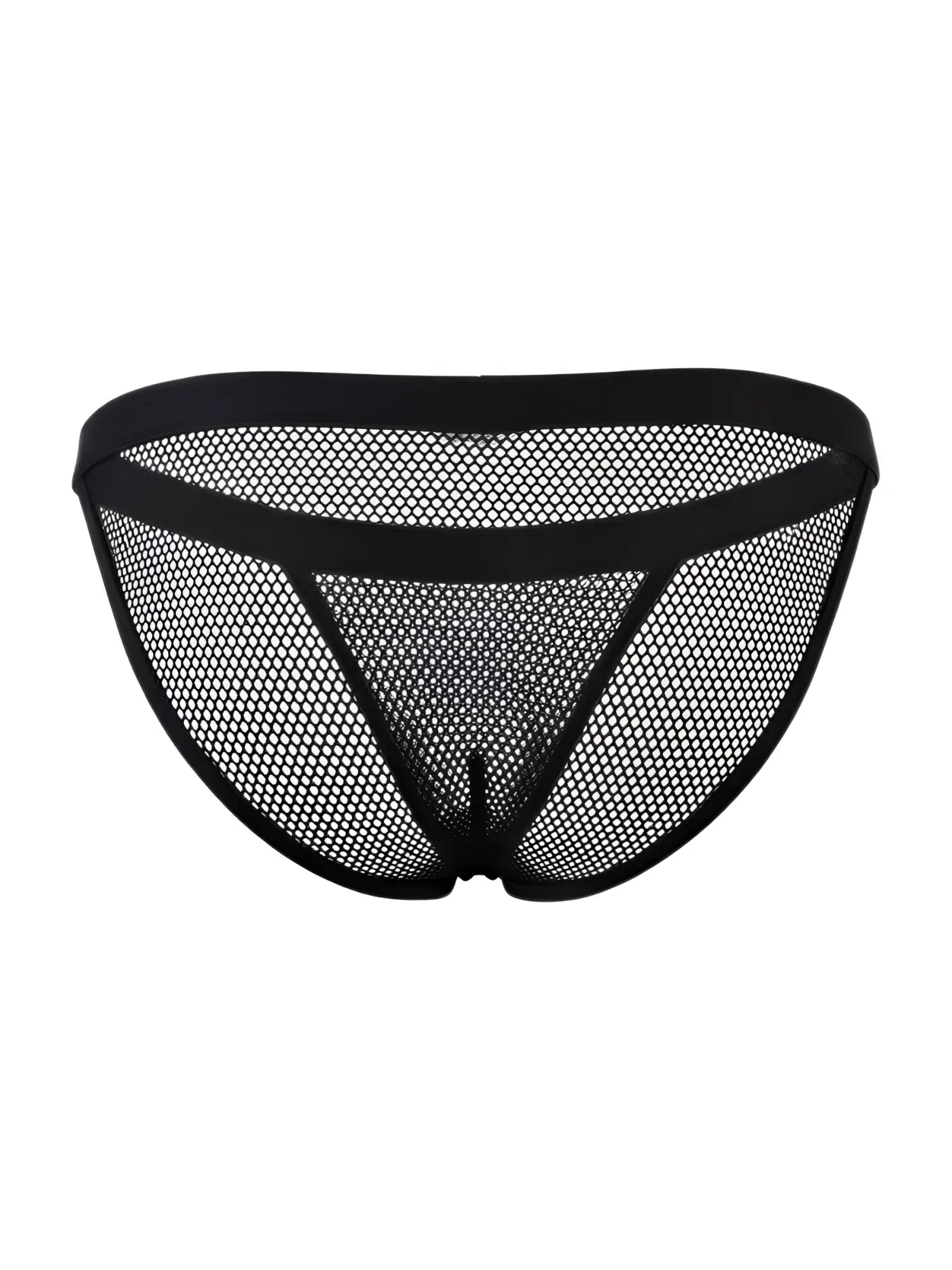 Black mesh briefs by Candyman featuring a solid black waistband and triangular cutout design in bikini style