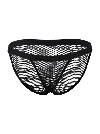 Black mesh briefs by Candyman featuring a solid black waistband and triangular cutout design in bikini style