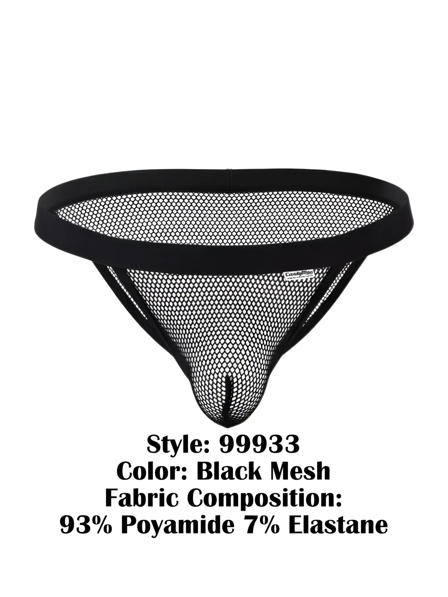 Black mesh thong bikini with solid black elastic waistband and fine hexagonal weave from CandyMan 99933 collection