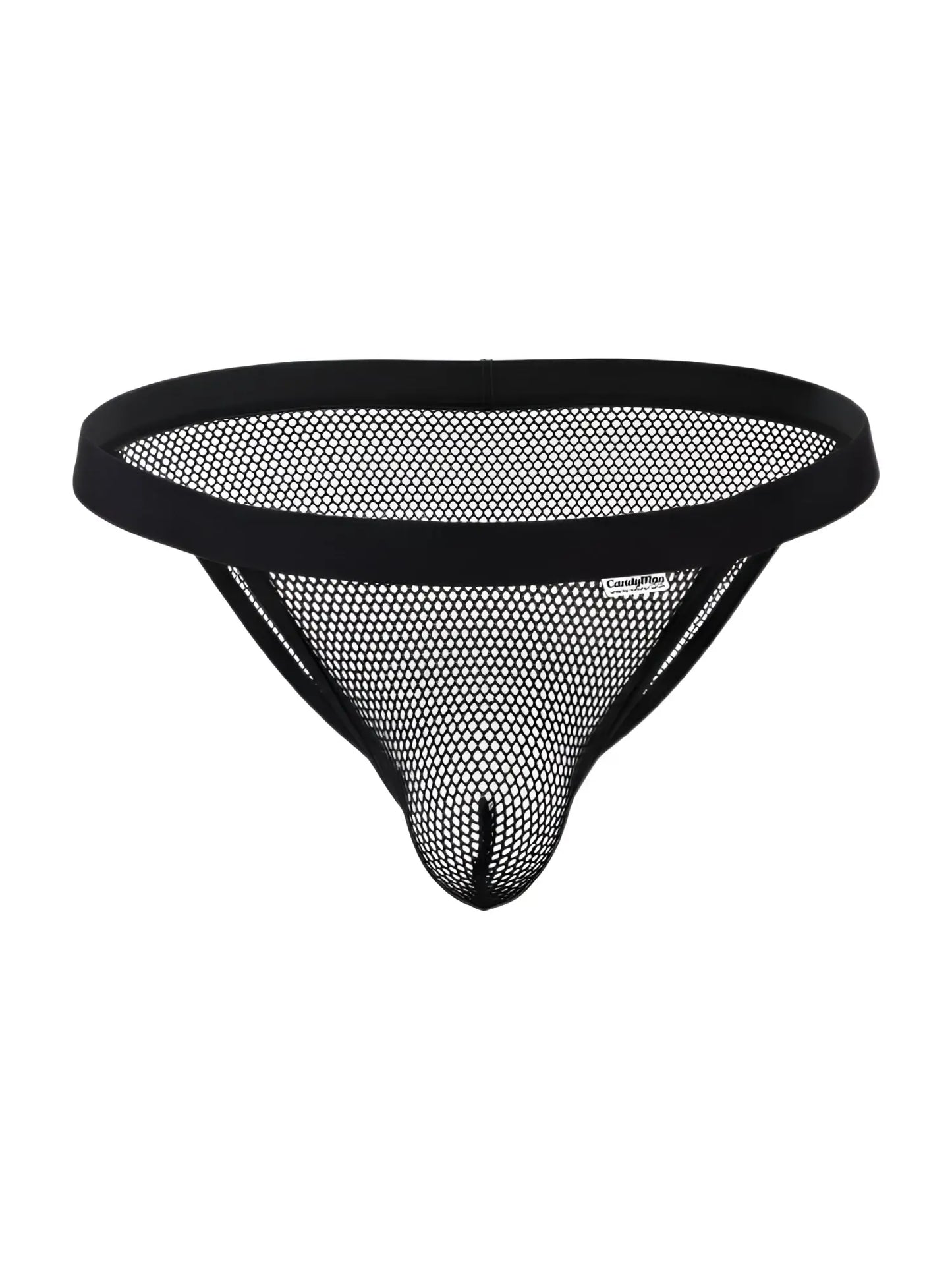 Black mesh thong bikini with solid black waistband and reinforced seams candy man 99933 front view