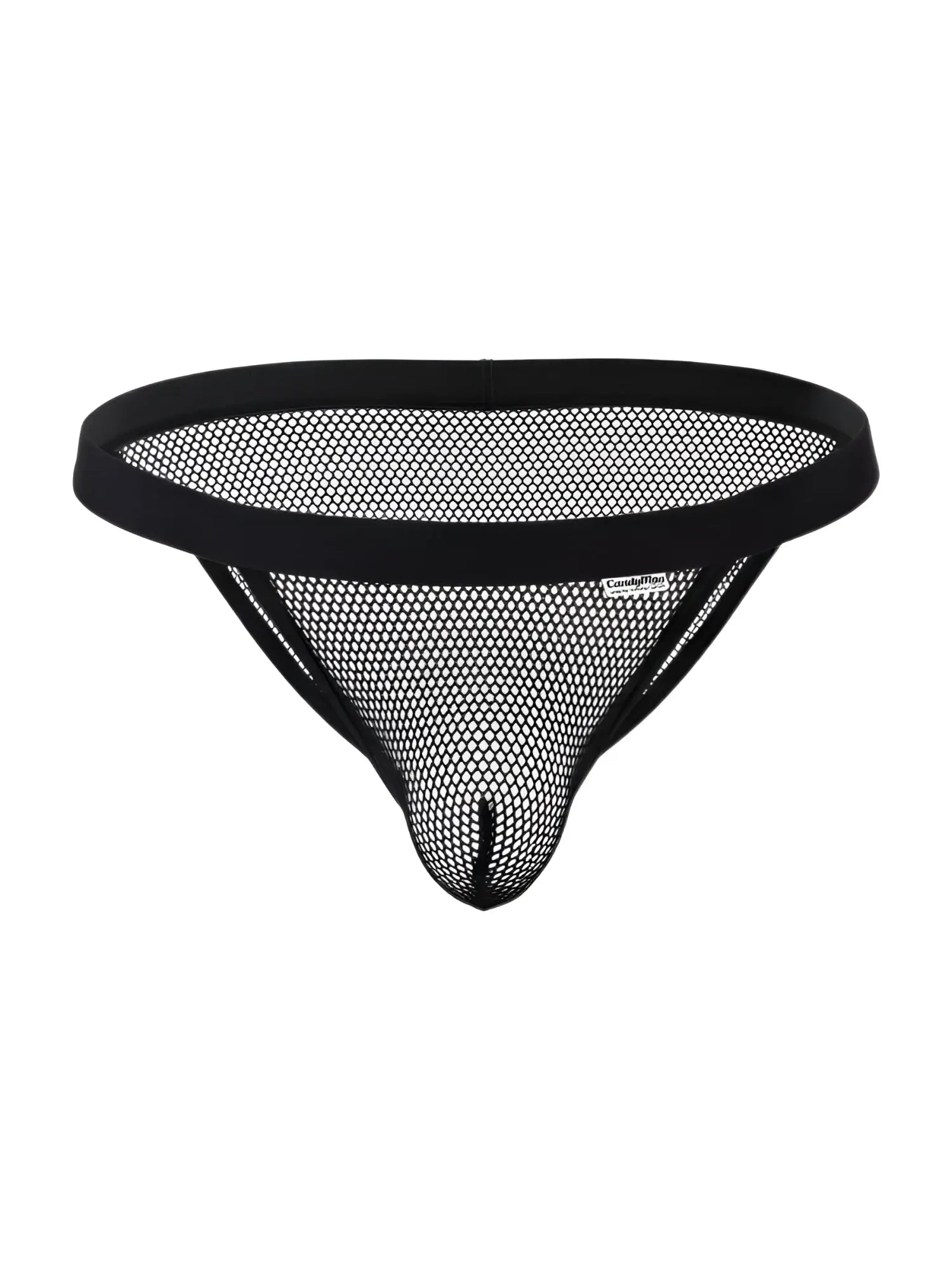 Black mesh thong bikini with solid black waistband and reinforced seams candy man 99933 front view