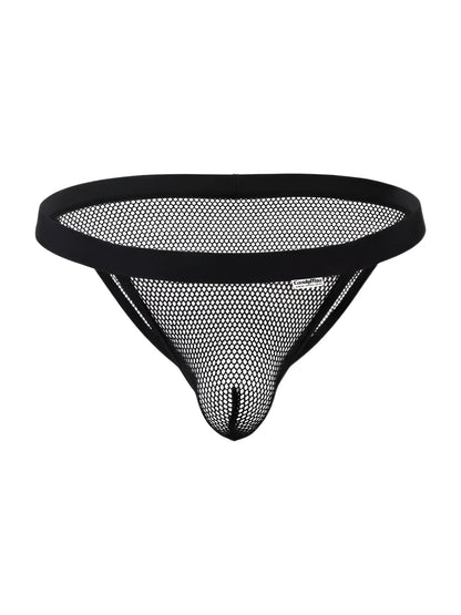 Black mesh thong bikini with solid black waistband and reinforced seams candy man 99933 front view