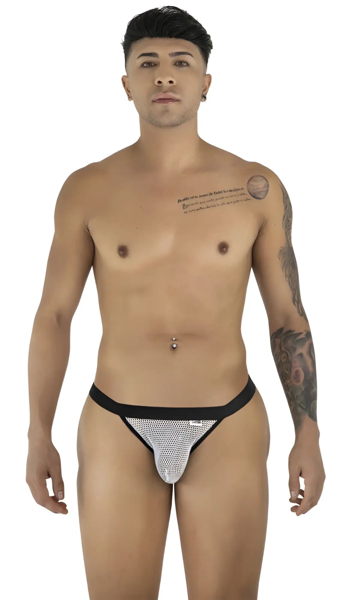 Black and silver mesh thong with black waistband from Candyman 99933 bikini white mesh collection shown from the back