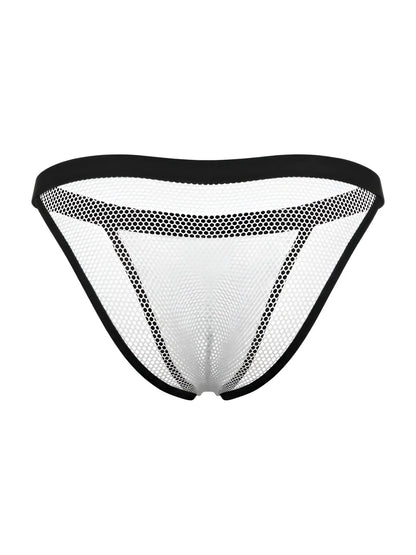 Candyman 99933 bikini color white mesh briefs in black and white mesh with solid black waistband front view