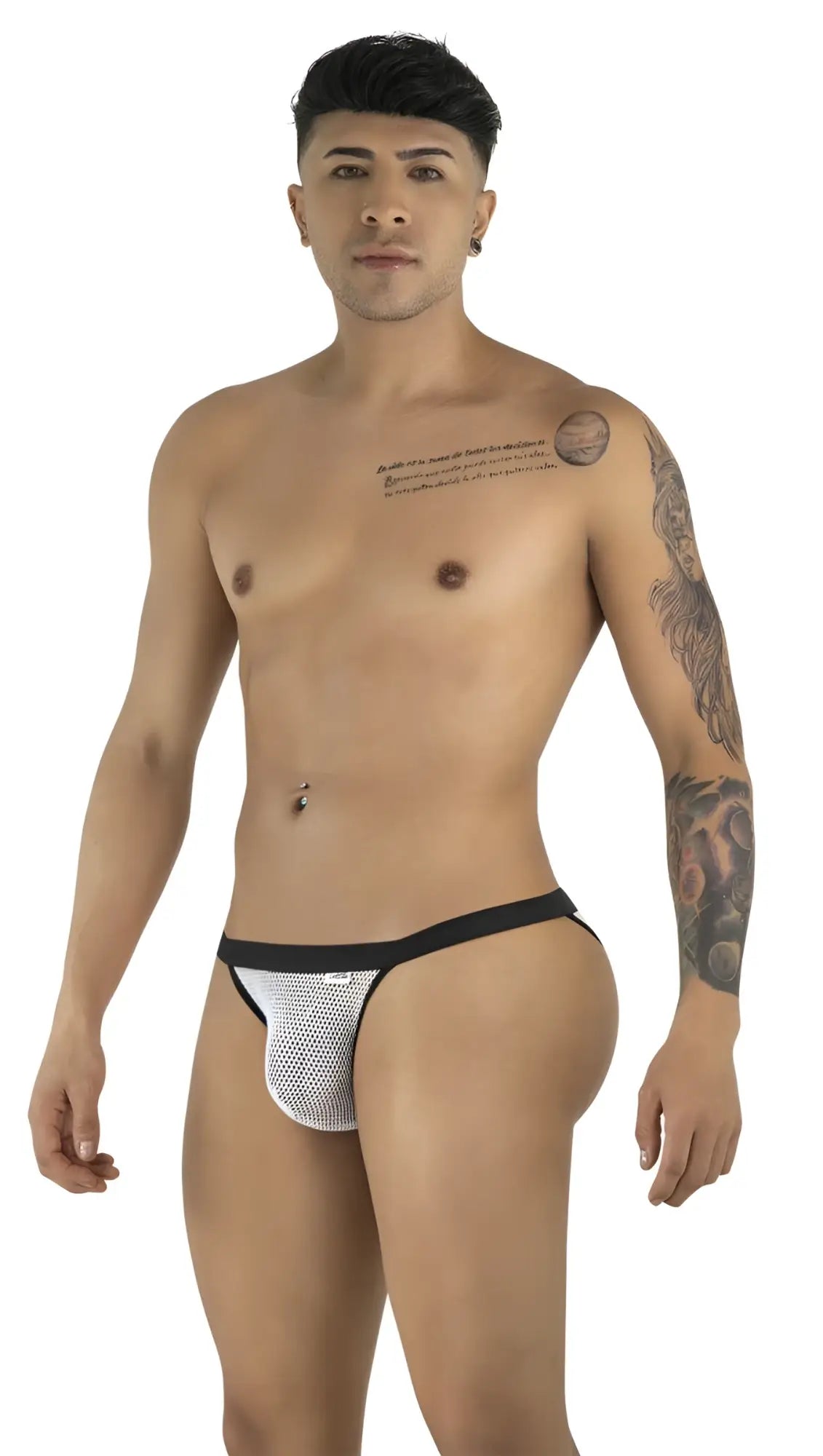 CandyMan 99933 bikini white mesh briefs with a black waistband featuring breathable mesh fabric