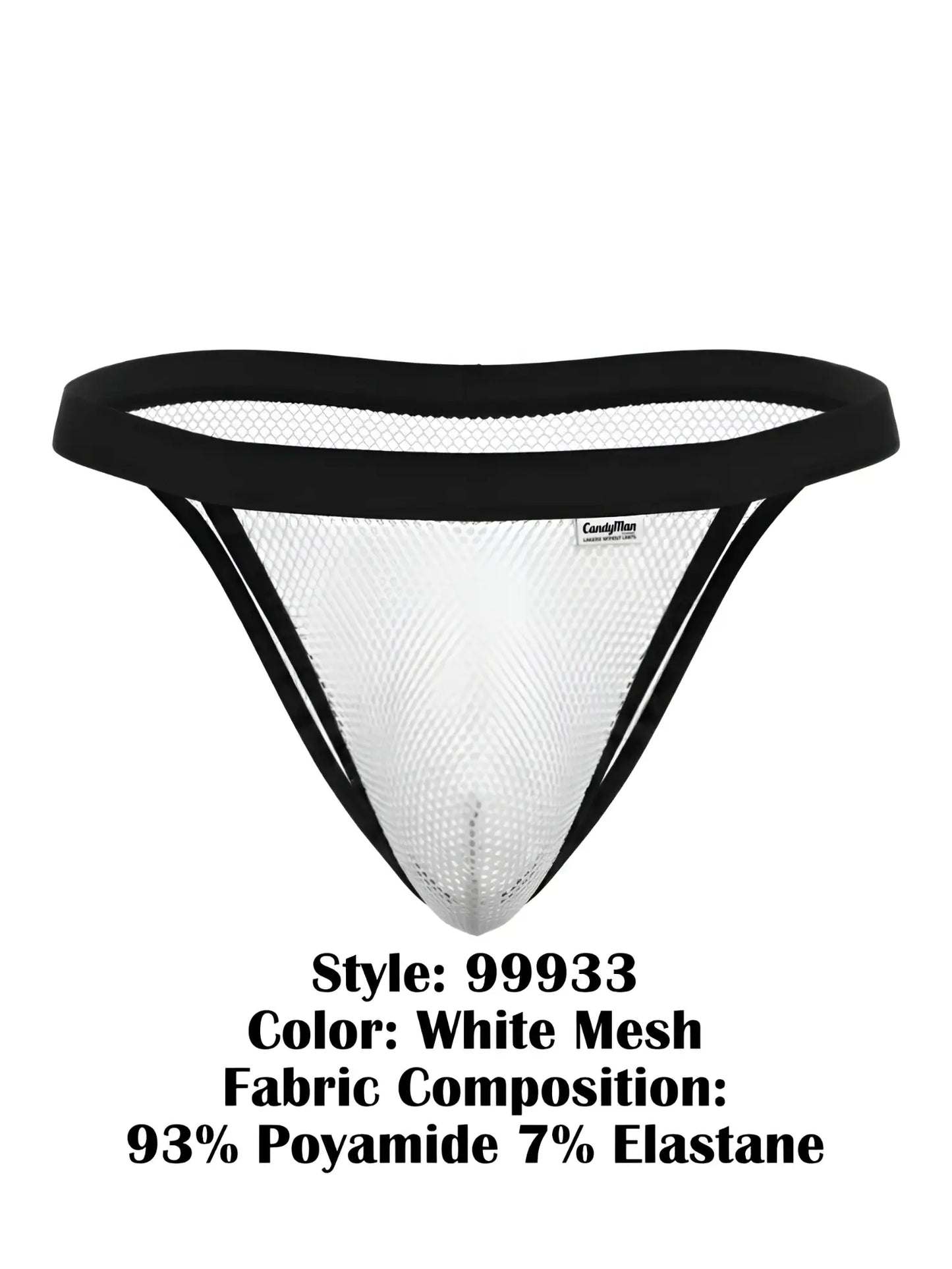 White mesh thong bikini with black elastic trim and small brand tag by candyman 99933 in white mesh