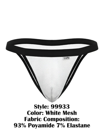 White mesh thong bikini with black elastic trim and small brand tag by candyman 99933 in white mesh