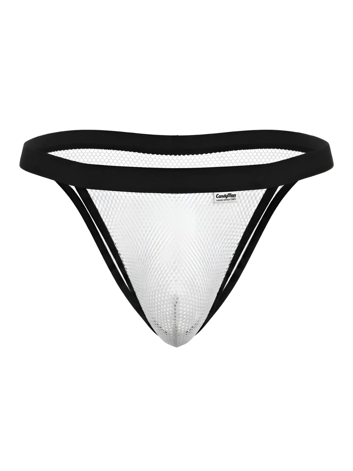 White mesh bikini thong with black elastic trim and Candyman brand label CandyMan 99933 color white mesh