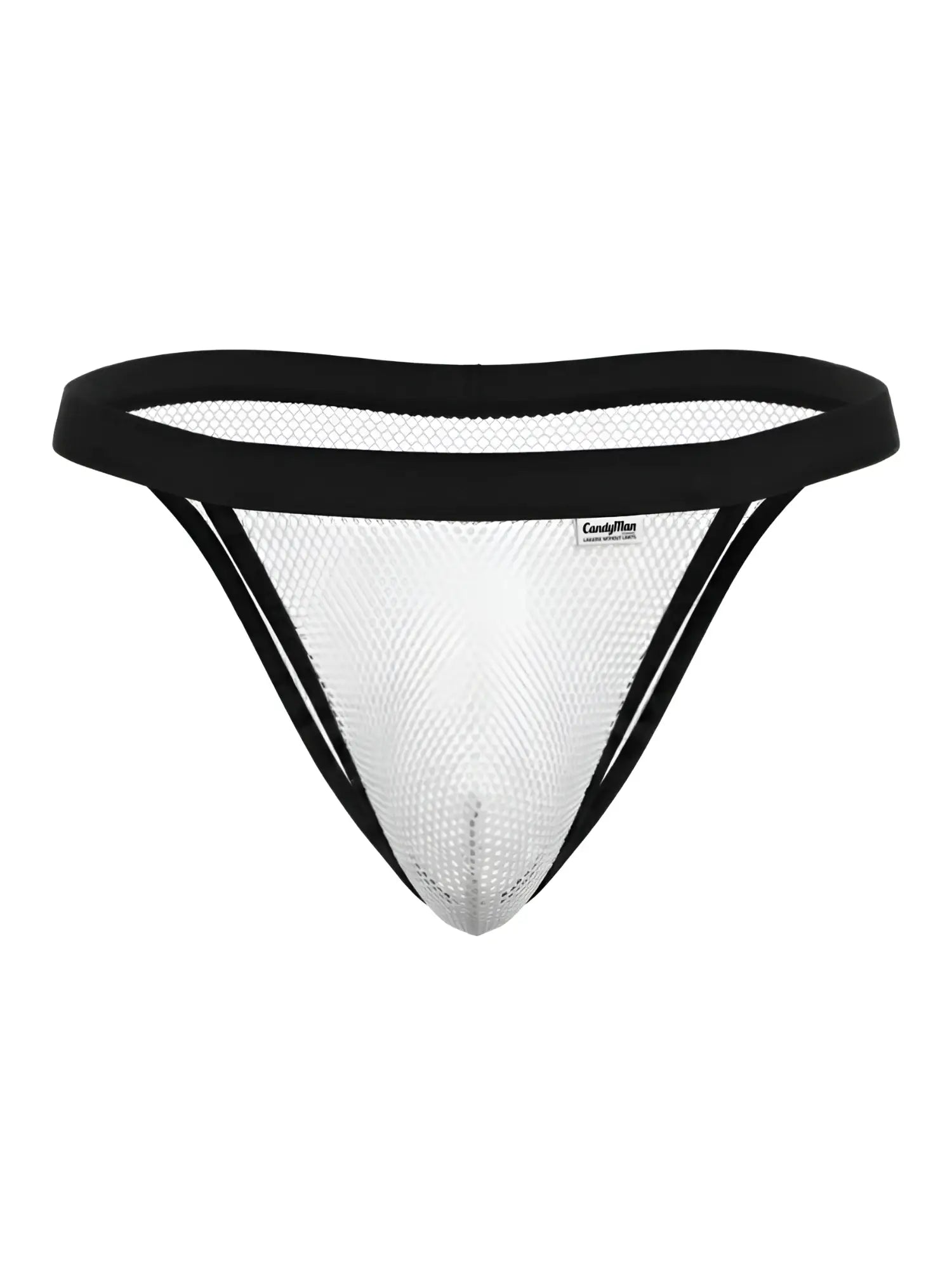White mesh bikini thong with black elastic trim and Candyman brand label CandyMan 99933 color white mesh