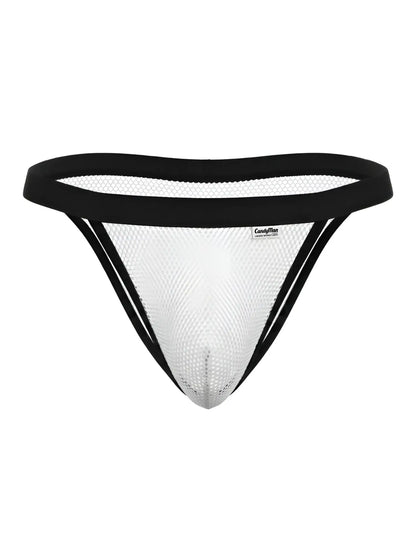 White mesh bikini thong with black elastic trim and Candyman brand label CandyMan 99933 color white mesh