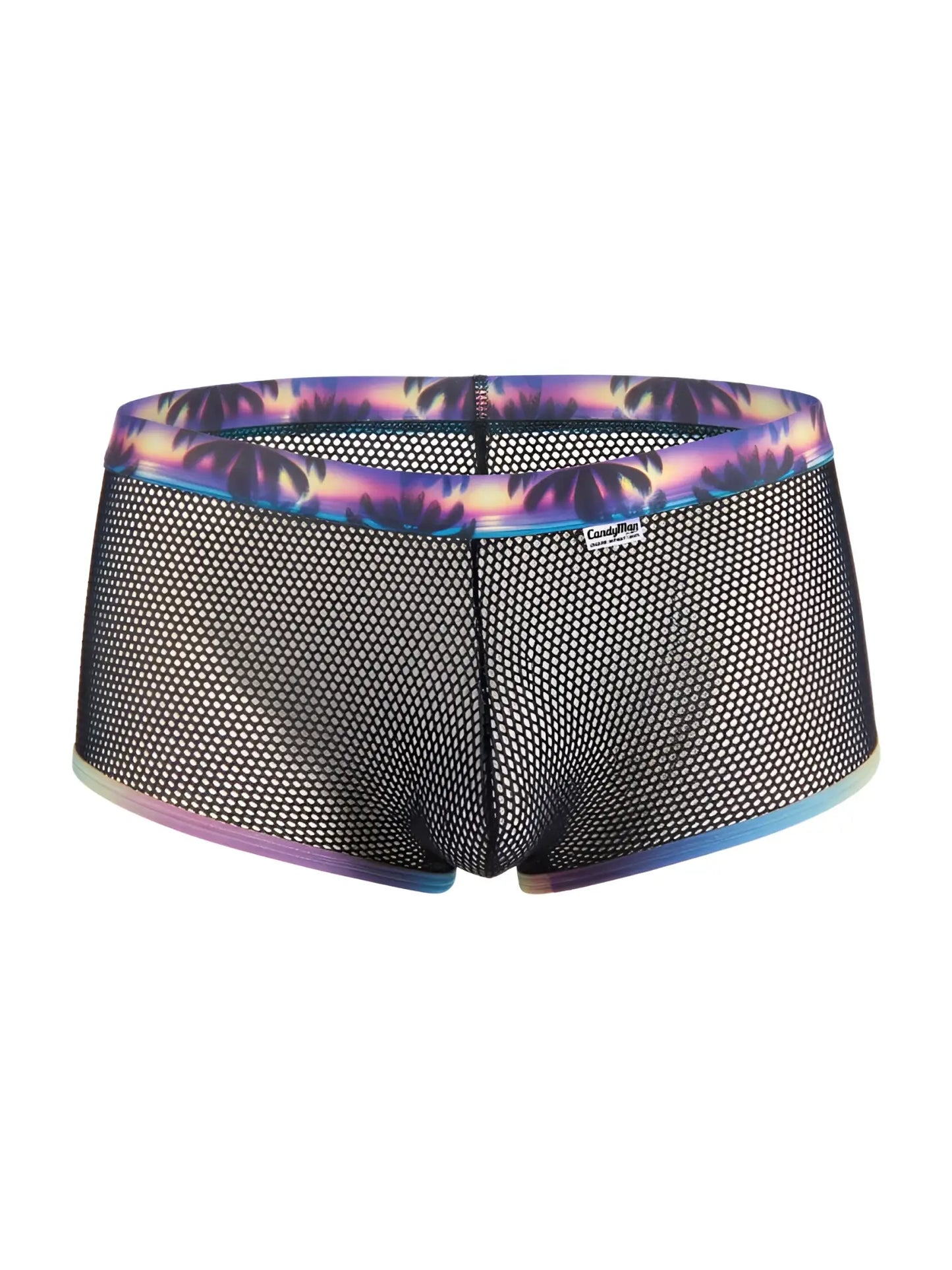 Black mesh swim trunks candyman 99934 with vibrant purple and blue palm tree pattern along the waistband