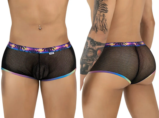 Black mesh briefs with vibrant iridescent rainbow trim on waistband and leg openings candyman 99934 trunks color black