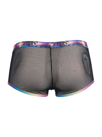Black mesh briefs with a vibrant, iridescent rainbow trim along the waistband and leg openings.