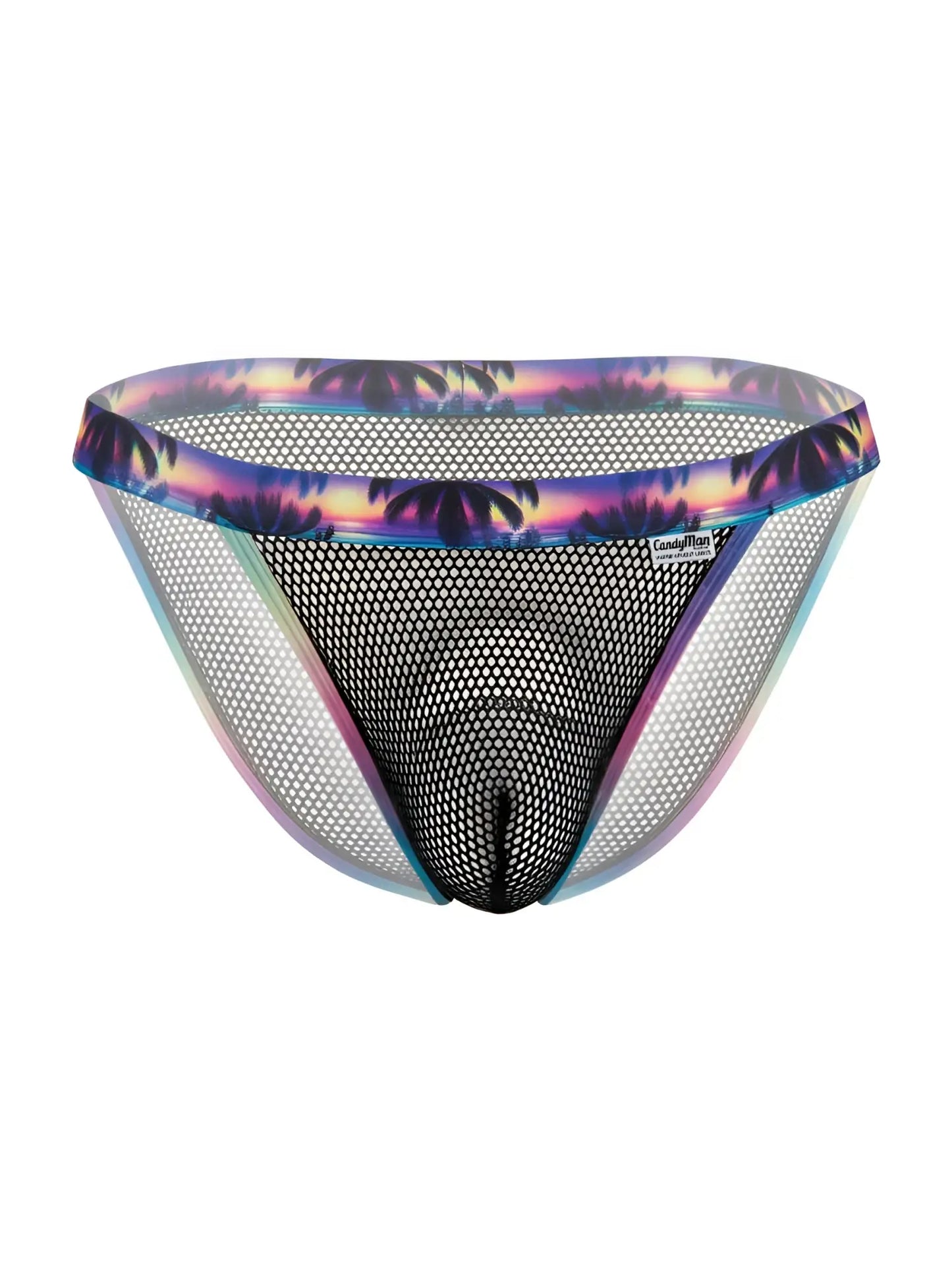 Black mesh swim trunks with vibrant tropical sunset pattern waistband candyMan 99935 briefs color black front view