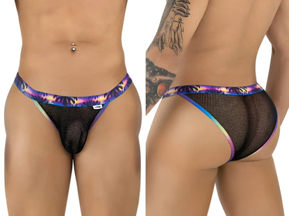 CandyMan 99935 black mesh thong with vibrant iridescent waistband featuring palm tree and sunset patterns