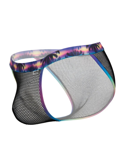 Black mesh briefs CandyMan 99935 with vibrant tropical sunset palm tree waistband and iridescent rainbow trim