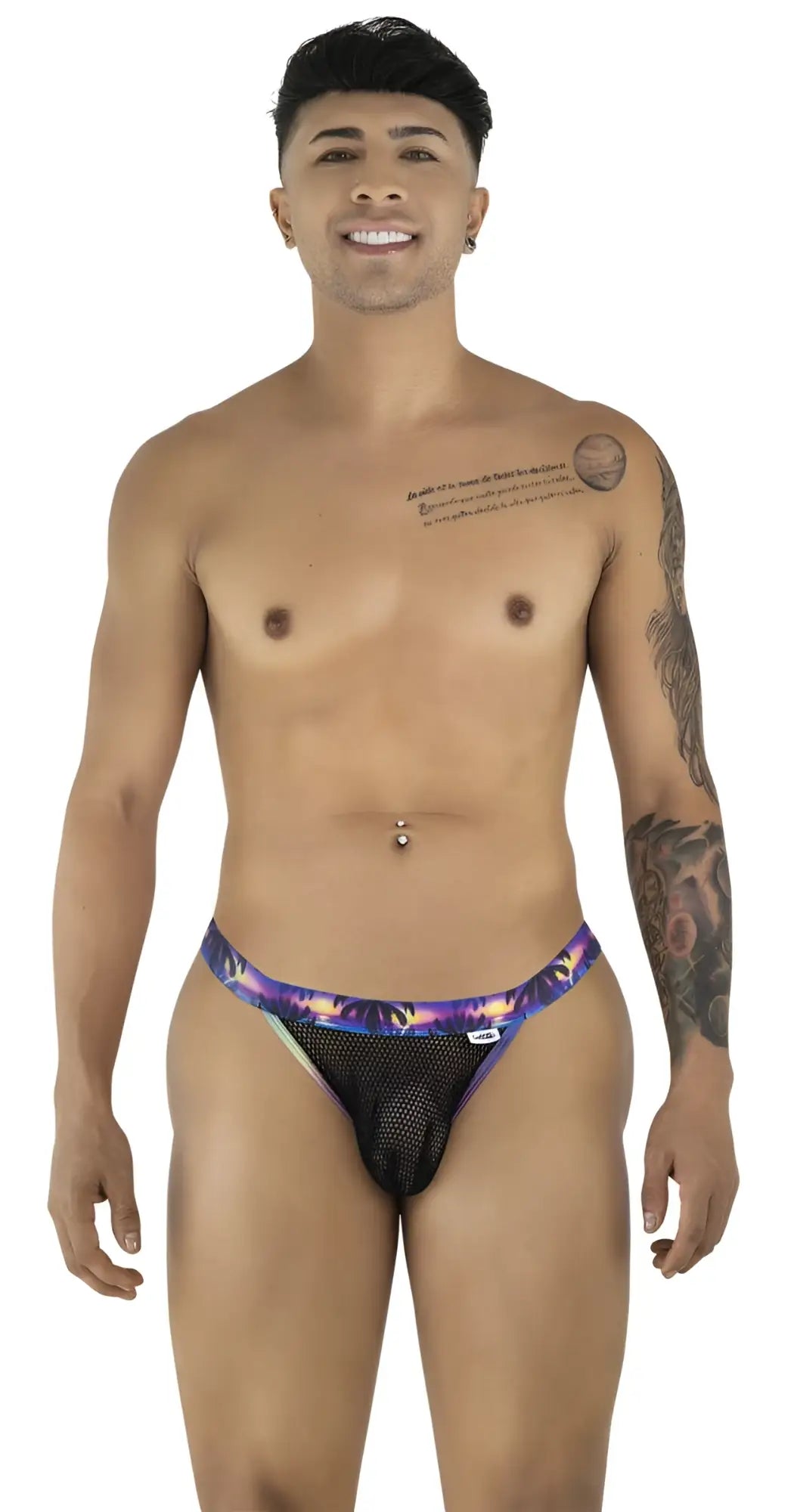 Candyman 99935 briefs in black feature purple and black mesh with a vibrant cosmic pattern waistband
