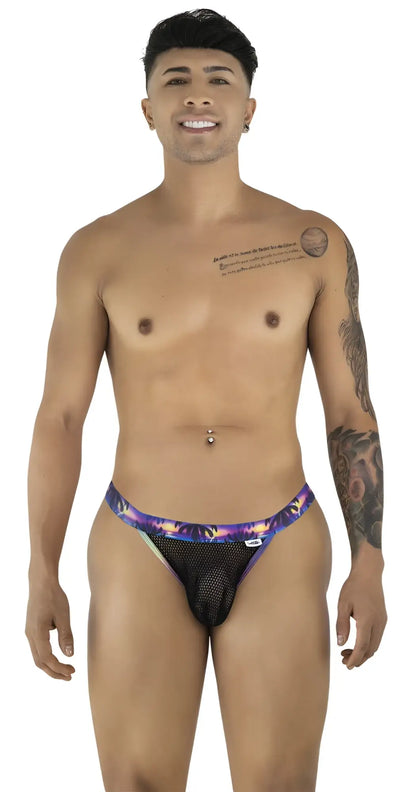 Candyman 99935 briefs in black feature purple and black mesh with a vibrant cosmic pattern waistband