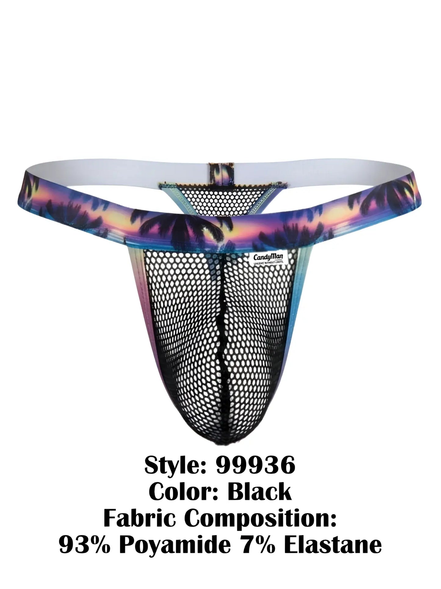 Black mesh thong with tropical palm tree waistband and white lining by candyman in model 99936 color black