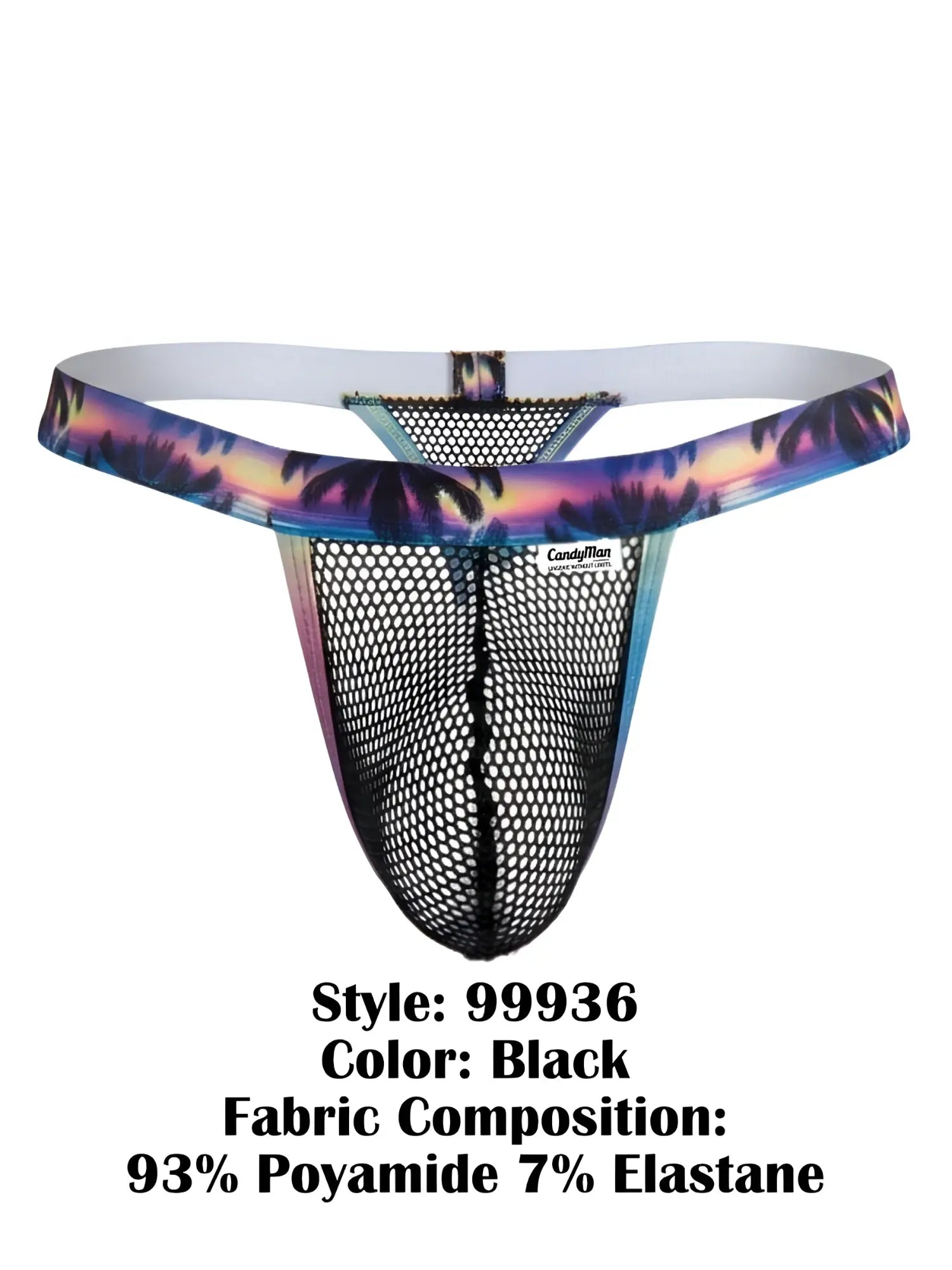 Black mesh thong with tropical palm tree waistband and white lining by candyman in model 99936 color black