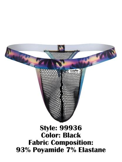 Black mesh thong with tropical palm tree waistband and white lining by candyman in model 99936 color black