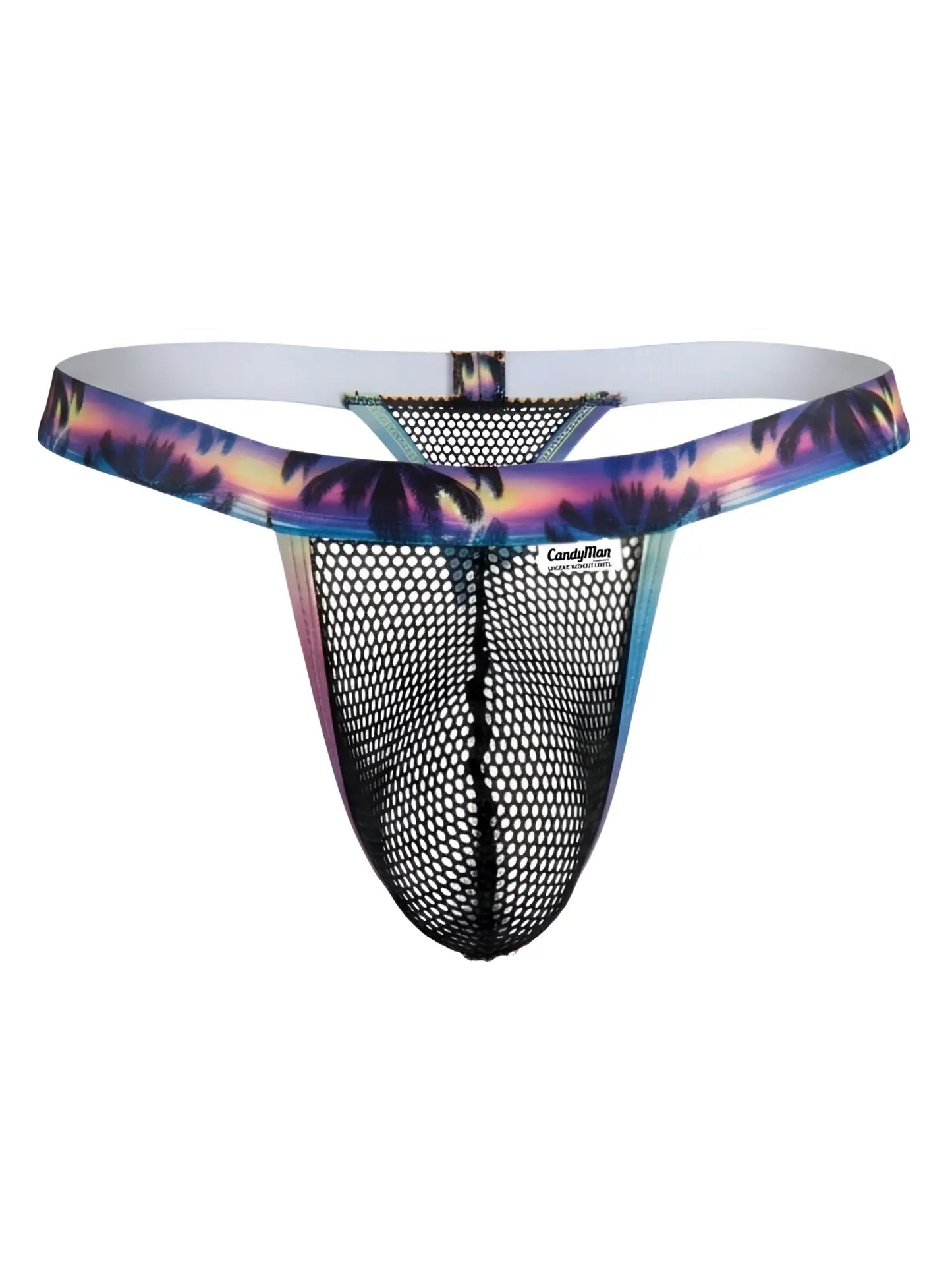 Black mesh CandyMan 99936 thong with a vibrant tropical sunset waistband featuring palm trees in purple pink orange and blue